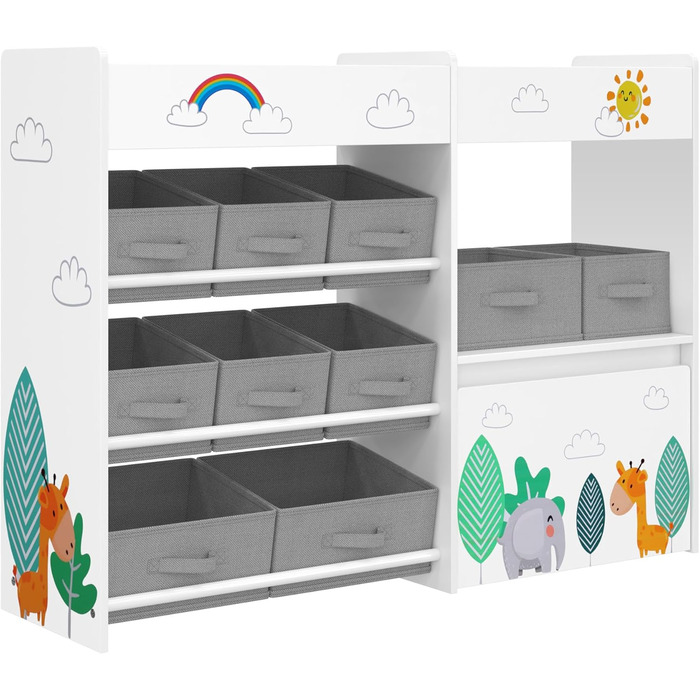Дитяча полиця для іграшок HOCSOK з 10 тканинними коробками для зберігання, полиця для книг, іграшковий ящик на колесах, органайзер для іграшок у дитячій кімнаті, білий
