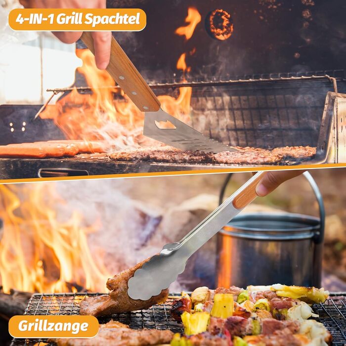 Набір гриль-посуду PURPLEBIRD 5 предметів: професійний набір інструментів з нержавіючої сталі, з чохлом-фартухом та дерев'яними ручками. Ідеально для BBQ, тепаньякі, подарунок для чоловіків.