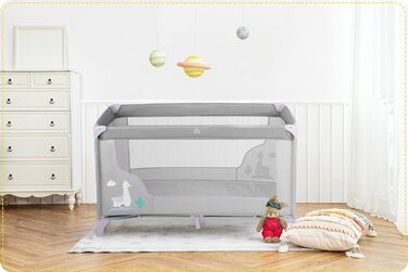 Дитяче ліжечко для подорожей Ricokids, портативне, манеж, 125x65x78 см, вантажопідйомність 15 кг, складне, два колеса з гальмами, знімний бічний вхід, матрац, сумка, сірий (лавандово-сірий)