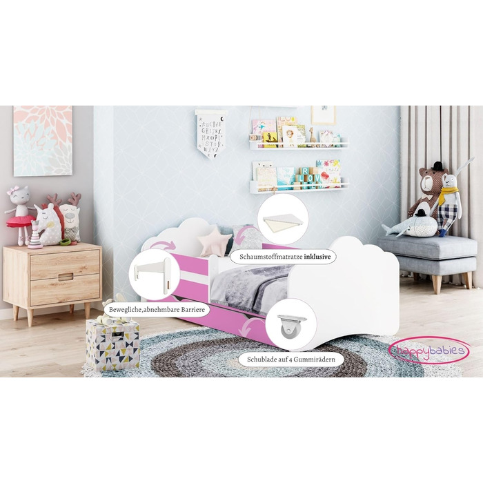 Дитяче ліжко Happy Babies MOBI 160 x 80 Ліжко для дитячої кімнати з матрацом 80x160 Молодіжне ліжко із захистом від падіння та зберіганням для дівчаток (M08)