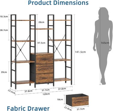 Стильна полиця-стеллаж з 4 висувними ящиками з тканини, 100W x 142Hcm, для книг, кухні, вітальні, офісу, балкону, в індустріальному стилі (4 яруси, 120cm, рустикальне дерево)