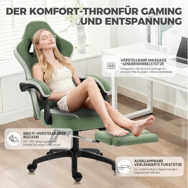 Ігровий крісло Dowinx з тканиною, гелевою подушкою та пружинним блоком, ергономічний офісний стілець з підніжкою, масажний ігровий крісло для дорослих (зелений)