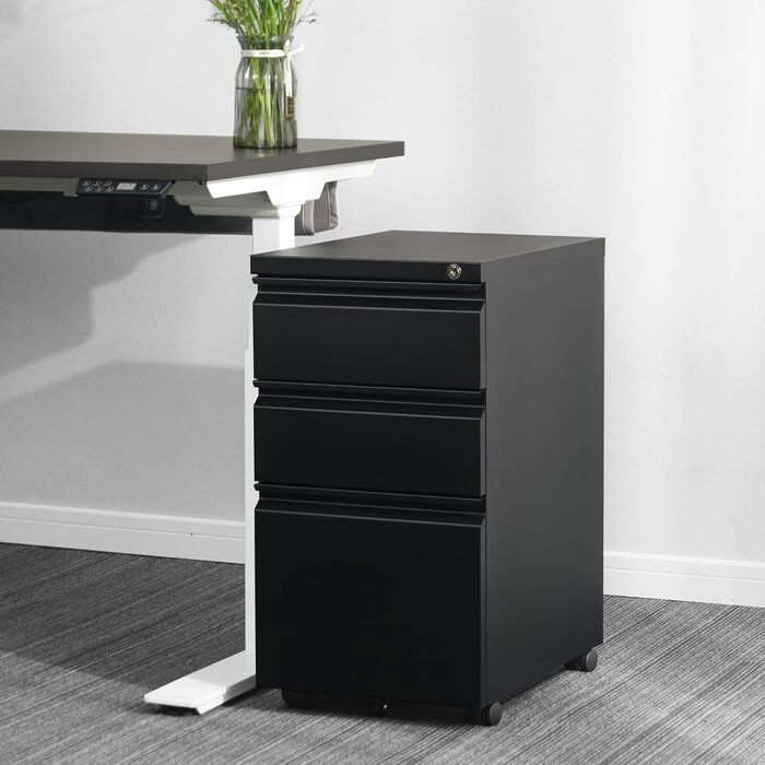 Роликовий контейнер DeHong з металу, мобільний офісний шафка з 3 висувними ящиками, офісний контейнер, з можливістю замка та регульованими паперовими відсіками, збірно-розбірний, для офісу, дому (J-чорний)