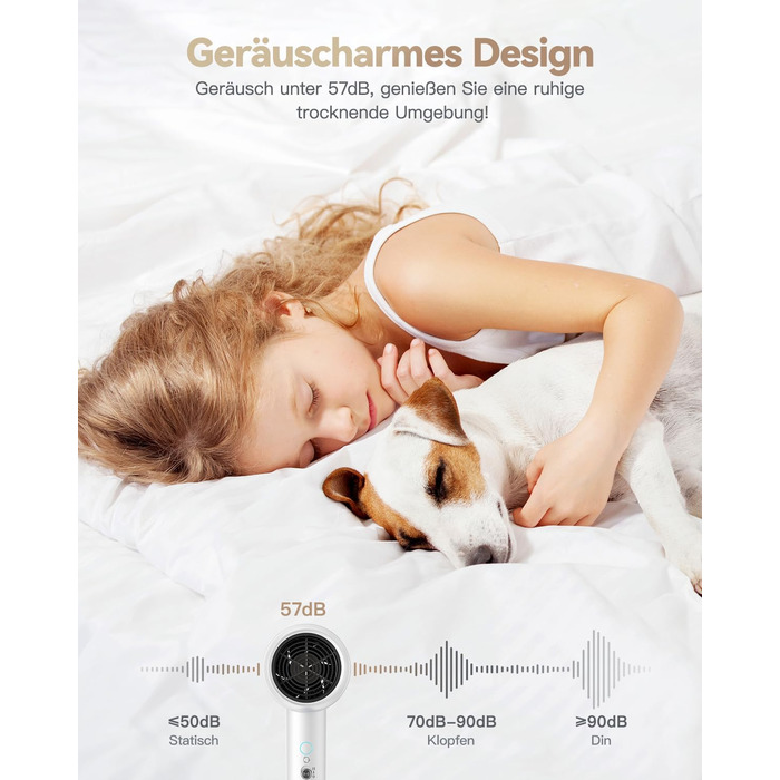 Іонний фен для волосся DEWILY з дифузором 1800Вт, 3 температурні режими, компактний дорожній фен для кучерявого волосся, білий