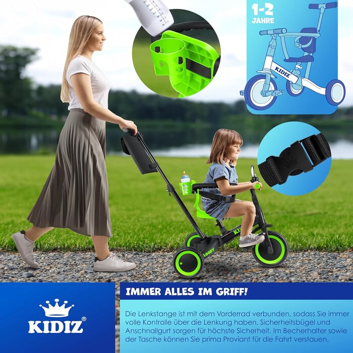 Біговел-триколіс KIDIZ 6-в-1 для дітей від 1 до 5 років (до 25 кг), чорний: з ручкою, захисним бампером, ременем безпеки, дзвінком та дзеркалом