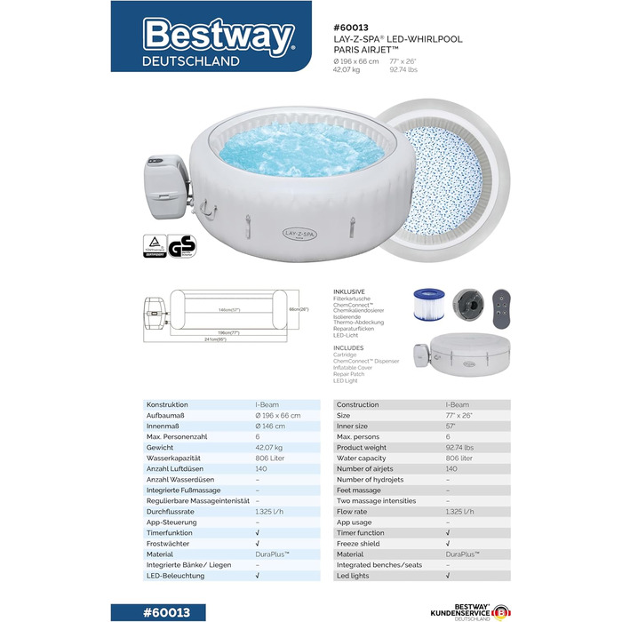 Надувний джакузі Bestway Lay-Z-Spa Paris AirJet з LED-підсвіткою для 6 осіб, 196 x 66 см