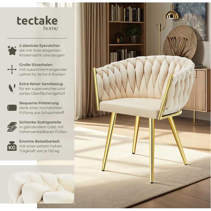 Тектейк® Оксамитовий стілець-чаша з підлокітниками, сучасний крісло для вітальні, їдальні, як кухонні стільці, для туалетного столика, комплект (2 шт), пісок/золото