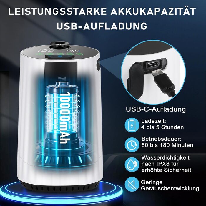 Портативна душова кабіна для кемпінгу з насосом, акумулятор 10000mAh, цифровий дисплей, для відпочинку, подорожей, миття тварин та авто (біла)