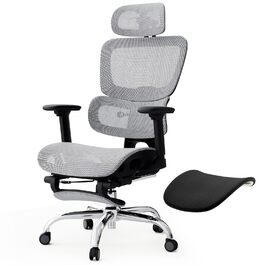 Ергономічне офісне крісло Voll-Mesh з підголівником, підставкою для ніг, регульованою спинкою, підлокітниками, саморегульованою поперековою підтримкою, PU-колесами, поворотним на 360°, навантаження до 150 кг, (Світло-сірий)