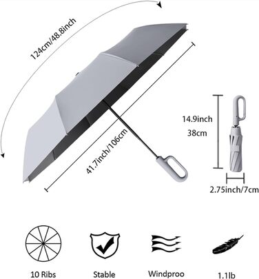 Парасолька велика, 10 ребер, штормозахисна, автоматична, захист від ультрафіолету UPF 50, ручка карабіна, сіра, 106см