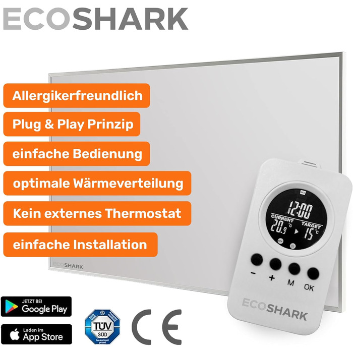 Інфрачервоний обігрівач ECOSHARK з термостатом 300 Вт білий ЗАОЩАДЖУЙТЕ ВИТРАТИ НА ЕЛЕКТРОЕНЕРГІЮ - з пультом дистанційного керування - Електричний обігрівач для розумного будинку на 3-7 м - Підлоговий/настінний (сертифікований TV) 300 Вт (від 3 до 7 м) Б