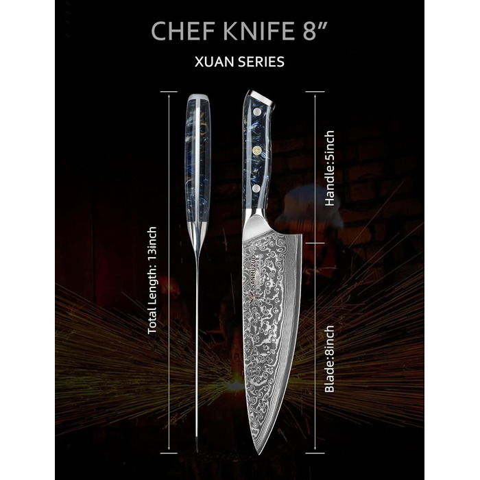 Ніж кухарський 20 см Xuan Серія VG10 Дамаський сталь, ручка з Харчу, чорний зірка