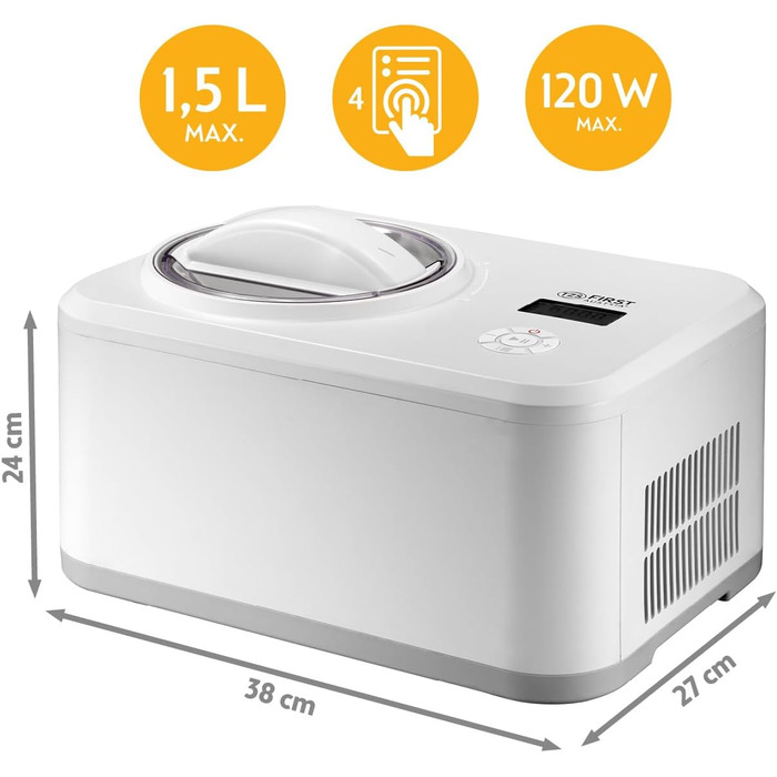 Електрична машина для приготування морозива TZS First Austria 1L з компресором 3 в 1 - для морозива, сорбету та замороженого йогурту. Включає мірний стакан та шпатель.