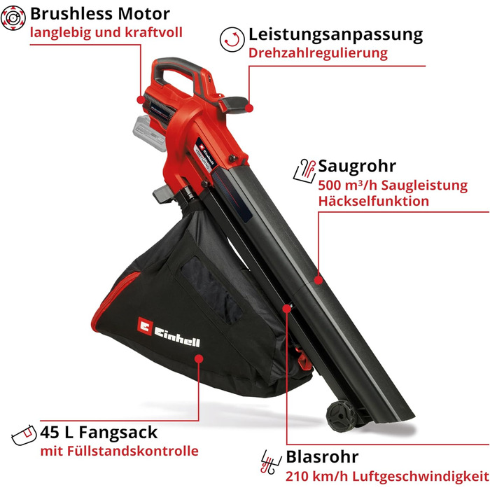 Акумуляторний повітродув та пилосос Einhell VENTURRO 18/210 Power X-Change (18 В, 500 м³/год, мішок 45 л, 210 км/год) без акумулятора та зарядного пристрою