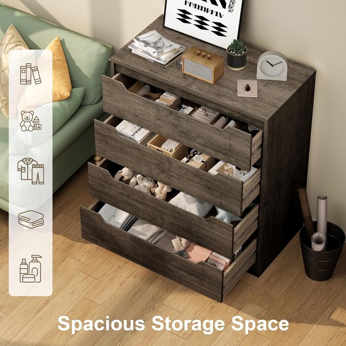 Комод Bealife для спальні з 4 великими шухлядами, шафа з шухлядами з вирізаними ручками та блокуванням від перекидання, ідеальний для вітальні, офісу (темно-сірий)