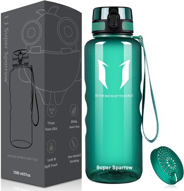 Пляшка для пиття Super Sparrow-пляшка для води об'ємом 1,5 л, герметична-спортивна пляшка без бісфенолу А / Школа, спорт, вода, велосипед (1-прозора-зеленого кольору)