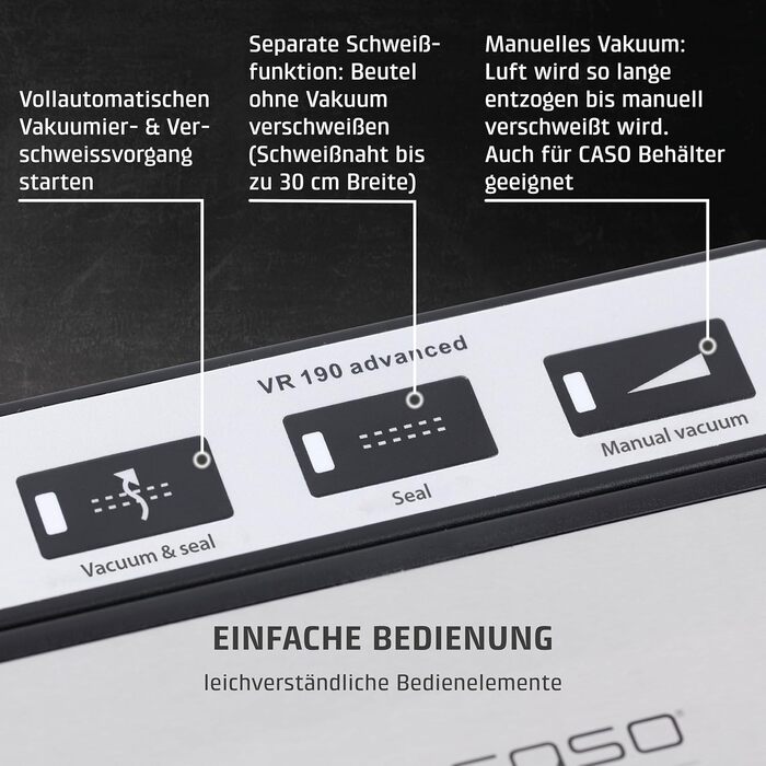 Вакууматор CASO VR 190 advanced — професійний вакуумний пакувальник з широким швом 2,5 мм, 10 пакетів у комплекті