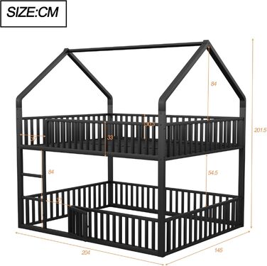 Двоярусне ліжко 140x200 см для 2 дітей, з будиночком, сходами та дверцятами, металеве, з захистом від падіння та ламелями (чорне)