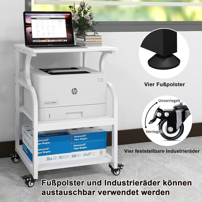 Регульований стіл для принтера PUNCIA з 3 ящиками, 60 x 50 см, на коліщатках, з дерева та металу, білий