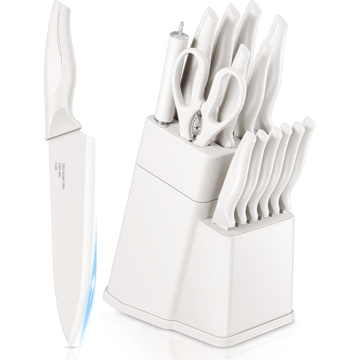 Набір кухонних ножів Homikit з підставкою, з шліфувальником, нержавіюча сталь, 6 ножів для стейку, антиковзні ручки, 15 предметів
