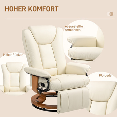 Крісло під телевізор HOMCOM Reclining Recliner Swivel з функцією відкидання та підставкою для ніг до 150 кг, штучна шкіра кремово-білого кольору для вітальні