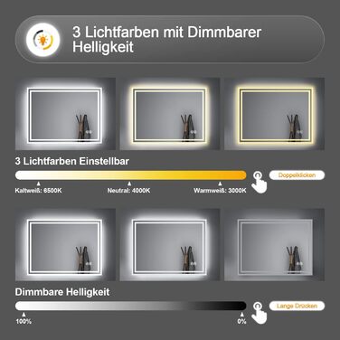 Дзеркало для ванної кімнати Badspiegel 70x50 см з підсвічуванням 3 кольори, сенсорне керування, прямокутне, LED, енергоклас A++