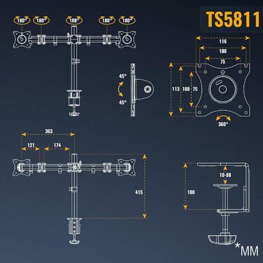 Підставка для монітора RICOO TS5811: тримач для 2 моніторів (15-27 дюймів)
