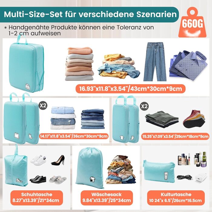 Набір органайзерів для подорожей у валізу з компресією, 8 шт, водонепроникні пакувальні куби для ручної поклажі та рюкзака, світло-блакитний
