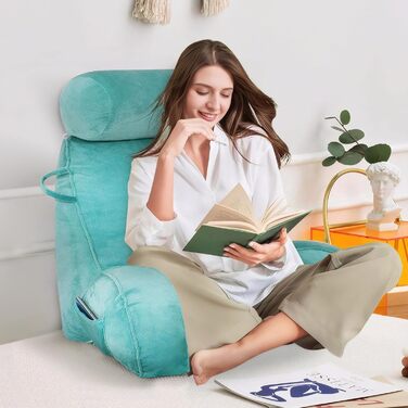 М'яке крісло-мішок для читання з велюру, для дорослих, з підтримкою спини та підлокітниками, з кишенею та знімним чохлом (кава) (синій/зелений)