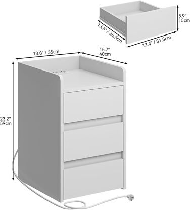 Тумбочка YITAHOME з 3 ящиками, зарядна станція, USB-порти, розетки, 35x40x60см (білий)