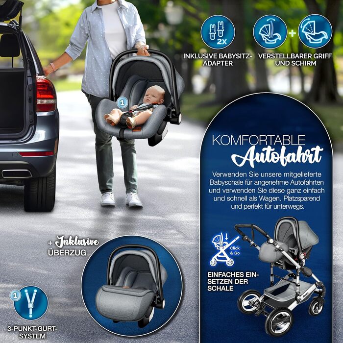 Дитяча коляска 3 в 1 KIDUKU® XXL Комплект | Комбінована коляска з люлькою, візком та автокріслом | З підніжкою, сумкою для підгузків, гріючою для рук, дощовиком, столиком для дитини | З гумовими колесами ECE R129 сірого/срібного кольору