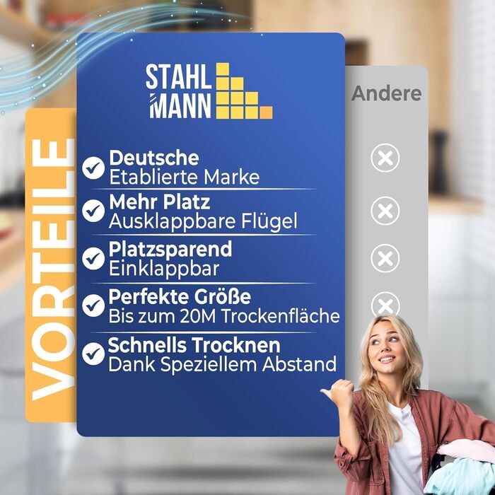 Розсувна сушарка для білизни STAHLMANN XXL чорна, 20м площі сушіння, з затискачами для дрібних речей, виробництво ЄС