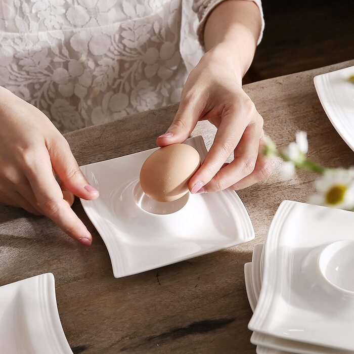 MALACASA Серія Flora – 60-кількісний сервіз для 12 осіб – кремово-біле порцелянове посуд у квадратному дизайні (тарілки, чашки, блюдця) – придатний для миття в посудомийній машині та мікрохвильовій печі, білий