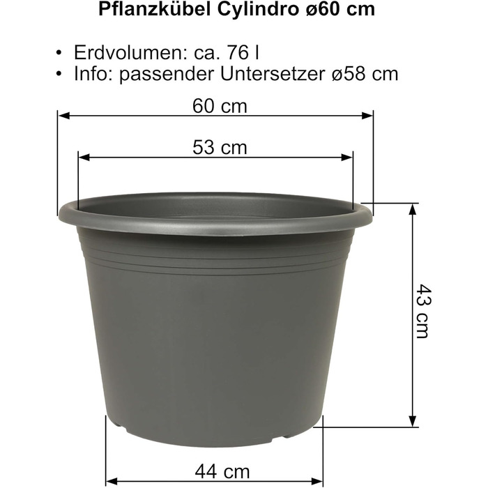 Квітчар/Горщик для рослин Cylindro, ø60 см + підставка ø58 см, антрацит, стійкий до погодних умов, з UV-стійкого пластику. Комплект горщика ø60 + підставка ø58 см, антрацит
