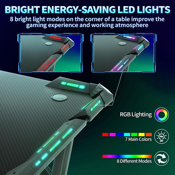 Ігровий стіл 120x60 см з підсвіткою LED, A-frame, з тримачем для напоїв та гачком для навушників, карбонове покриття, ергономічний для дому та офісу