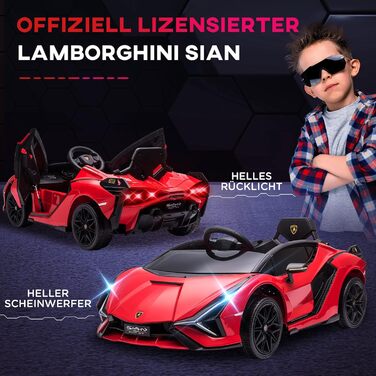 Електромобіль Lamborghini SIAN HOMCOM 12V для дітей, з пультом, музикою (MP3/USB), світлом, металевий, червоний, 108x62x40 см, для дітей 37-60 місяців