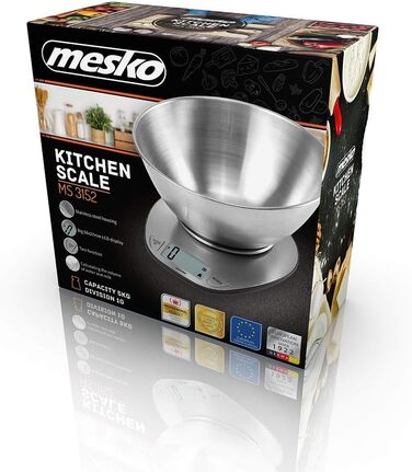 Кухонні ваги Mesko, нержавіюча сталь, сірий, 21,5 x 21,5 x 10,5 см, 1 одиниця