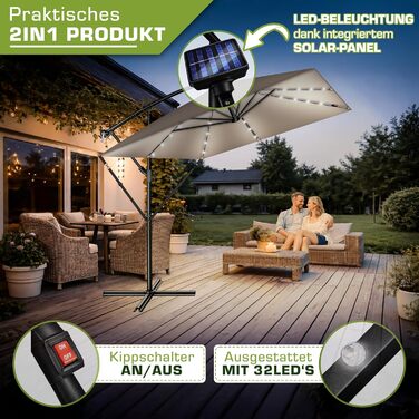 Прямокутна садова парасолька tillvex® Alu 330 см з LED-підсвіткою, ручкою та чохлом, колір Капучино — Алюмінієвий зонт-ампел з стійкою, захистом від вітру та UV-променів, водонепроникний, поворот на 360°