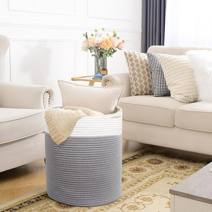 Кошик для білизни 32л з бавовни з ручками (D34*H40см), плетений кошик для зберігання, коричневий (сірий)