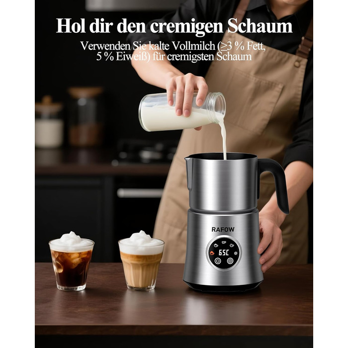 Електричний спінювач молока 5 в 1 - автоматичний спінювач молока з великим об'ємом, для гарячого та холодного молока, для капучино, лате, гарячого шоколаду, 500 мл, миється в посудомийній машині