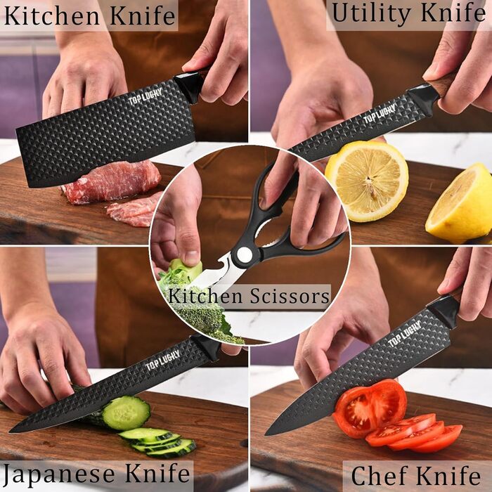 Набір кухонних ножів, 6 шт., чорний, гострий, з антипригарним покриттям, нержавіюча сталь, з підставкою для ножів (чорний)