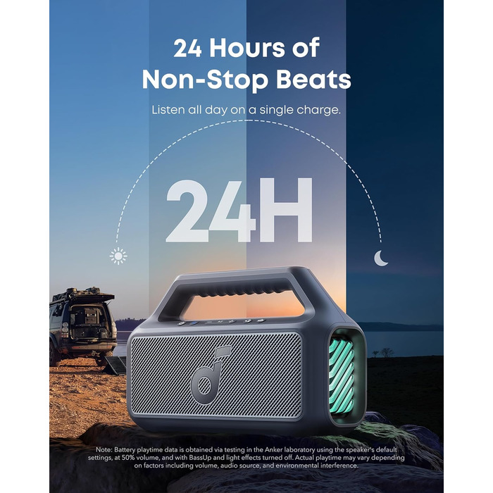 Soundcore Boom 2 - портативна Bluetooth колонка, 80W, сабвуфер, BassUp 2.0, 24h, IPX7, LED, USB-C, EQ, BT 5.3, для кемпінгу, пляжу, саду (блакитна)