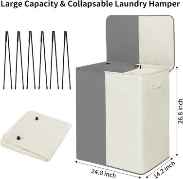 WOWLIVE Кошик для білизни з кришкою, великий, розкладний, 2 секції, з ручками (154л, Бежевий+сірий)