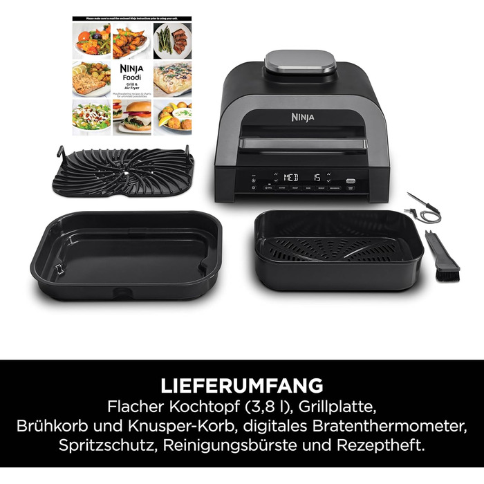 Ninja MAX 6-в-1 гриль та фритюрниця з гарячим повітрям для дому, 6 функцій приготування, об'єм 3.8 л, цифровий термометр, сірий/срібний, DG551EU