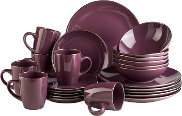 Сучасний набір посуду на 6 персон з латунним обідком, комбінований набір з 24 предметів купе форма без обідка, керамограніт, фіолетовий 24 предмети фіолетовий