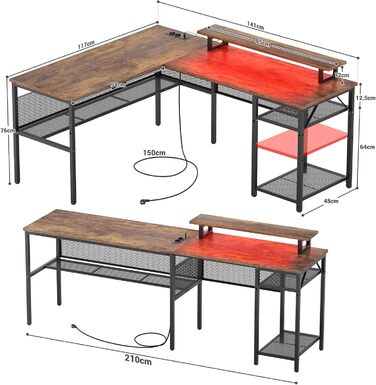 L-подібний ігровий стіл, 141x117x76 см, з полицею, для дому, офісу, навчання, ігор (Рустикальний коричневий)