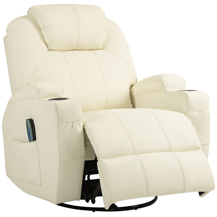 Крісло-релакс з функцією масажу, регульованою спинкою, поворотне, до 150 кг, штучна шкіра, кремово-біле
