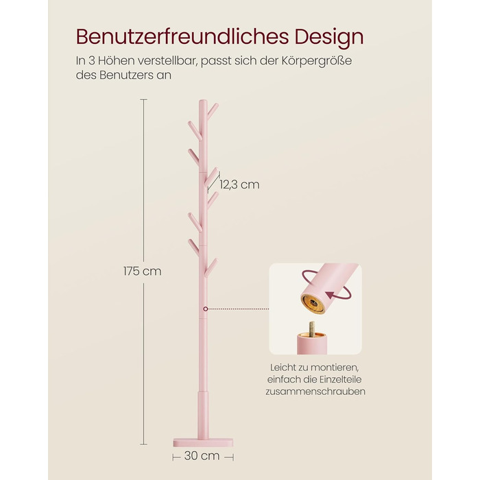 Стійка для одягу VASAGLE, дерев'яна, з 8 гачками, рожева, RCR010B01