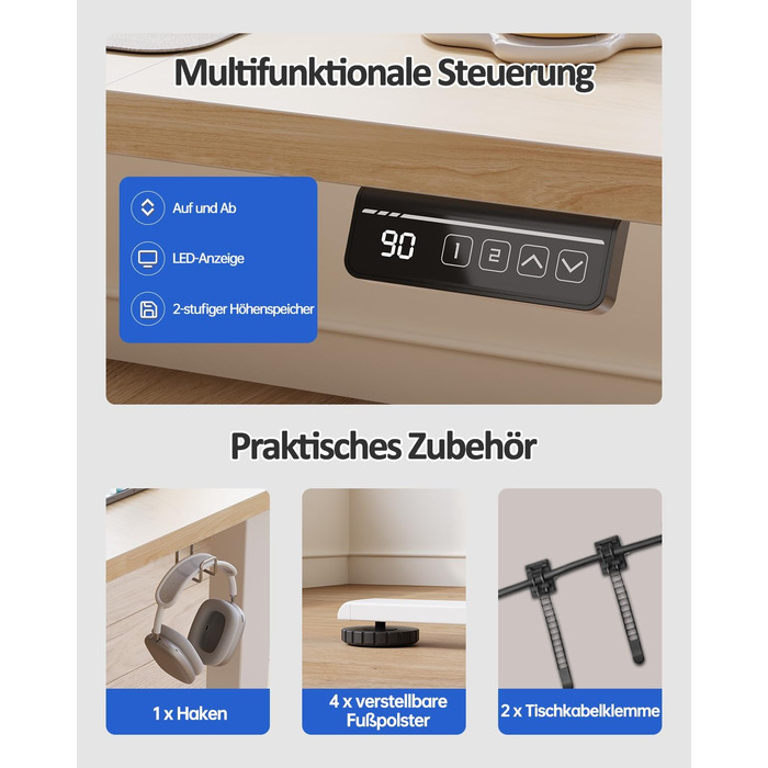 Електричний регульований стіл Devoko 120x60 см: офісний, для комп'ютера, з пам'яттю висоти, стоячий, бежевий