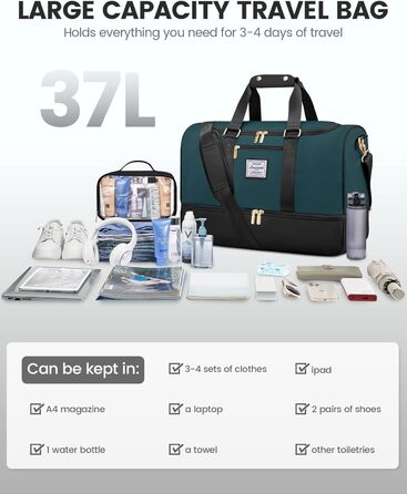 Сумка-рюкзак LOVEVOOK 37L, чорно-блакитна, для подорожей, спортзалу, пологів, з відділенням для взуття та мокрих речей, водонепроникна, ручна клада